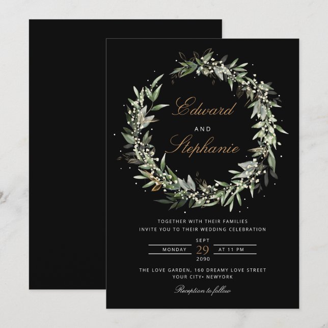 Invitation Elégant noir & blanc Aquarelle Mariage vert (Devant / Derrière)