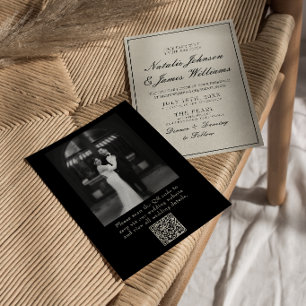 Invitation Élégant Noir Blanc Argent de Famille Code QR Photo