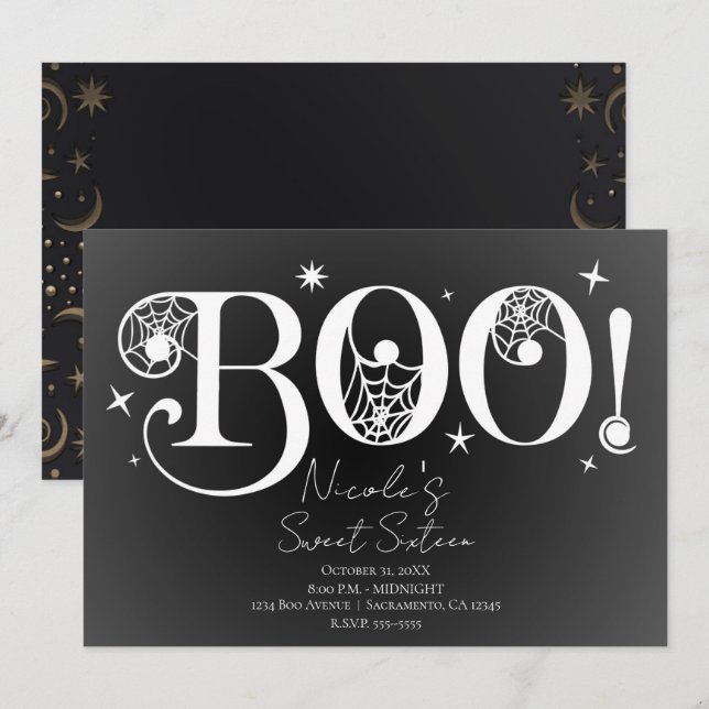 Invitation Élégant noir blanc BOO Magique Halloween Sweet 16 (Devant / Derrière)