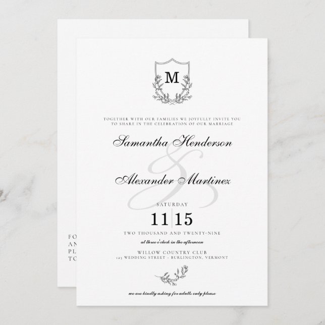 Invitation Elégant noir & blanc Crest Détails et Mariage QR (Devant / Derrière)