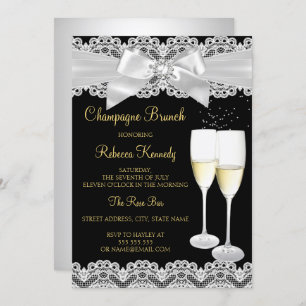 Invitation Élégant noir blanc dentelle Champagne Brunch Invit