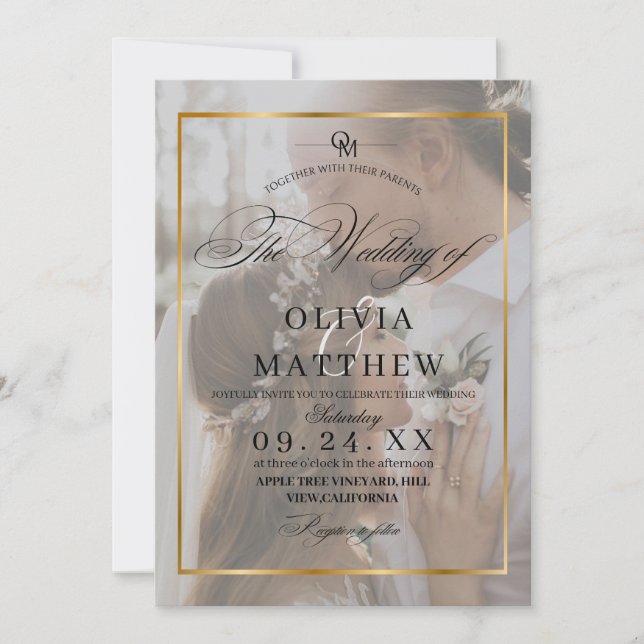Invitation Elégant noir & blanc Gold Overlay 2 Mariage photo (Devant)