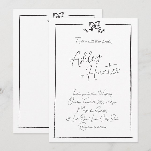 Invitation Elégant noir & blanc main tiré Bow (Devant / Derrière)