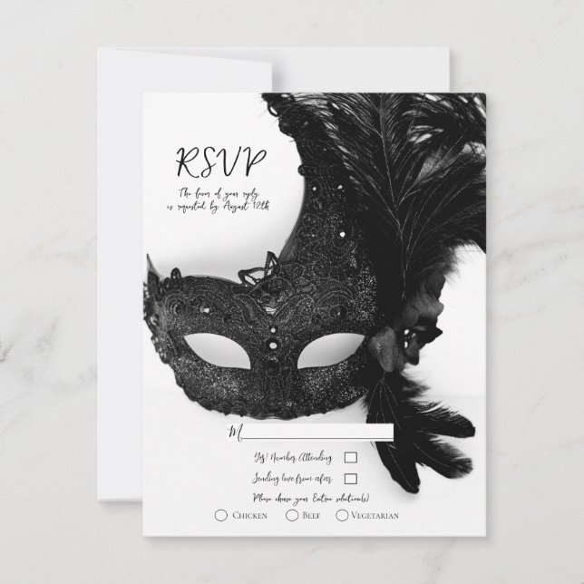 Invitation Elégant Noir Blanc Mascarade Masque Mariage RSVP (Devant)