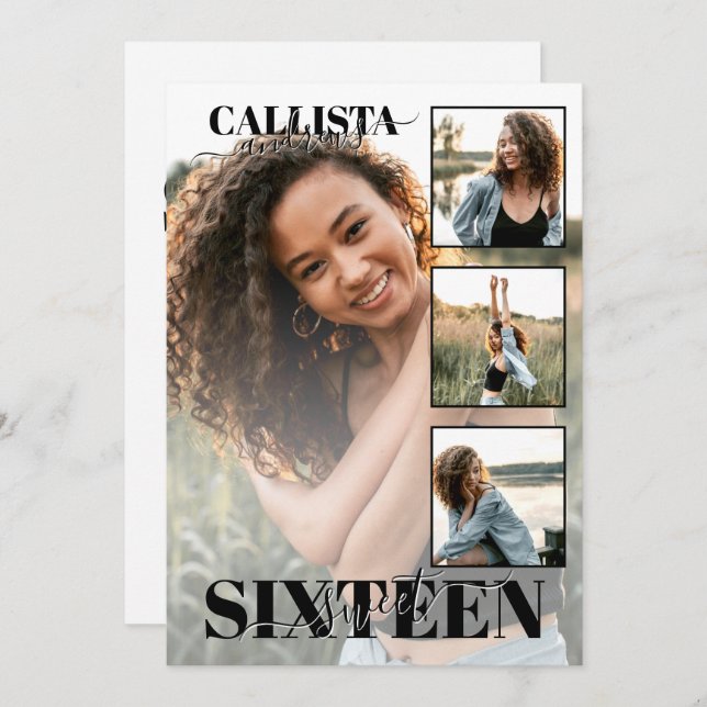 Invitation Elégant noir blanc moderne quatre photo doux 16 (Devant / Derrière)