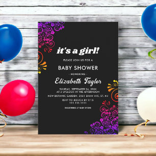 Invitation Elégant noir & blanc Neon Floral Girl Baby shower