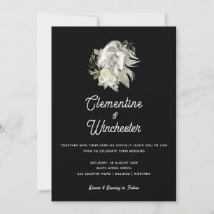 Invitation Élégant noir blanc Ranch Floral Horse Mariage