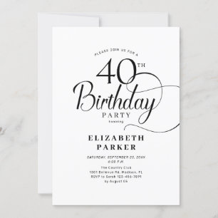 Invitation Élégant noir blanc Script 40e anniversaire
