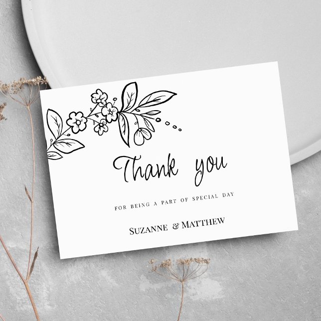 Invitation Elégant noir blanc simple Merci floral (Elegant black white simple floral Thank You )
