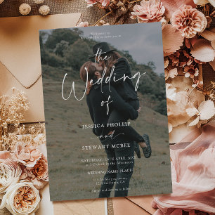 Invitation Élégant noir blanc tout en 1 script mariage photo