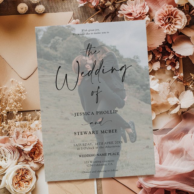 Invitation Élégant noir blanc tout en 1 script mariage photo (Elegant black white all in 1 script photo wedding invitation)