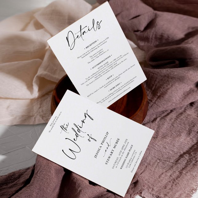 Invitation Élégant noir blanc tout en un mariage de calligrap (Créateur téléchargé)