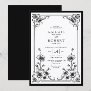 Invitation Elégant noir blanc vintage cadre fleuri mariage