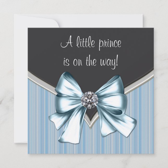 Invitation Elégant noir bleu gris rayures Baby shower Prince (Devant)
