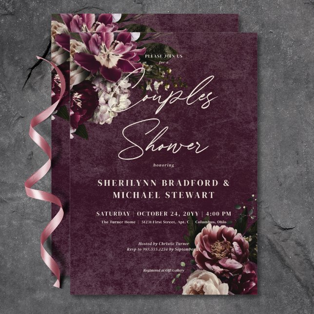 Invitation Elégant noir Bourgogne Blanc Floral Couples Douche (Dark Elegant Burgundy White Floral Couples Shower Invitation)