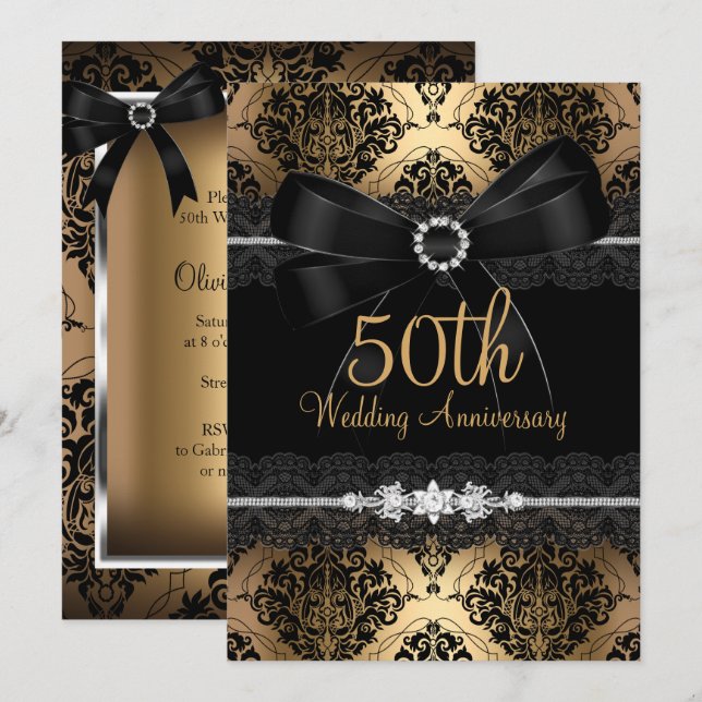 Invitation Elegant Noir Bow & Damask Or 50e Anniversaire 2 (Devant / Derrière)