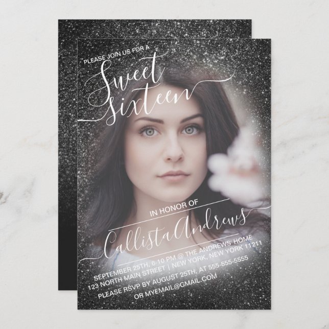 Invitation Elégant noir brillant Parties scintillant Ombre Ph (Devant / Derrière)