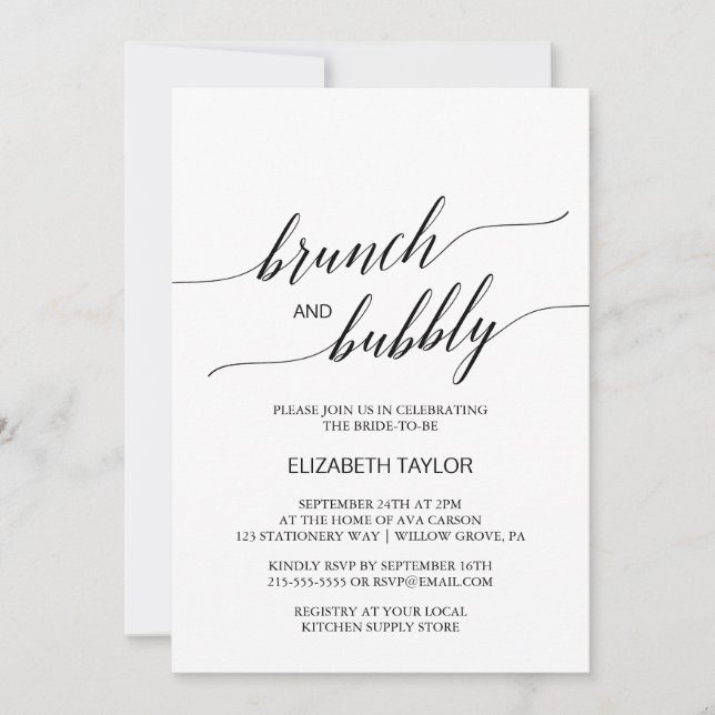 Invitation Elégant noir calligraphie Brunch et Bubbly (Devant)