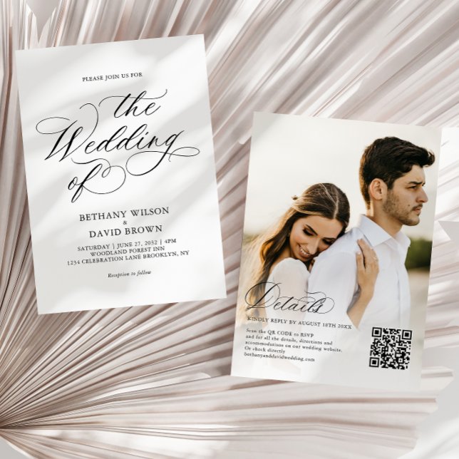 Invitation Élégant noir calligraphie photo QR Code Mariage (Créateur téléchargé)