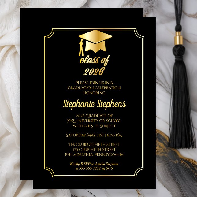 Invitation Elégant Noir | Chapeau Doré Fête de Remise des Dip (Class of 2026 Elegant Black Gold College Graduation Party)