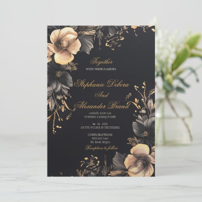 Invitation Élégant Noir classique foncé gothique Mariage flor (Debout devant)