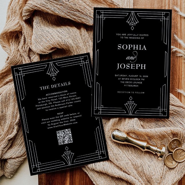 Invitation Élégant Noir | Code QR Tout en Un Mariage (Créateur téléchargé)