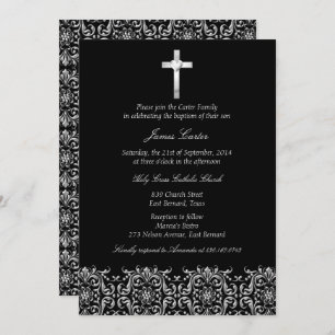 Invitation Elégant noir Damas & Cross Baptême / Christening