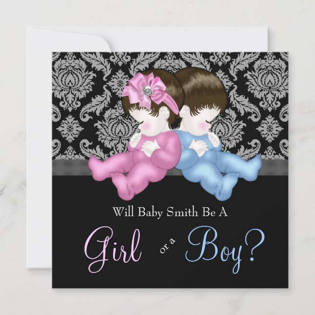 Invitation Elégant Noir Damas Genre Révéler Douche (Devant)