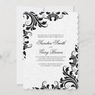 Invitation Élégant noir dentelle blanc Damas Mariage