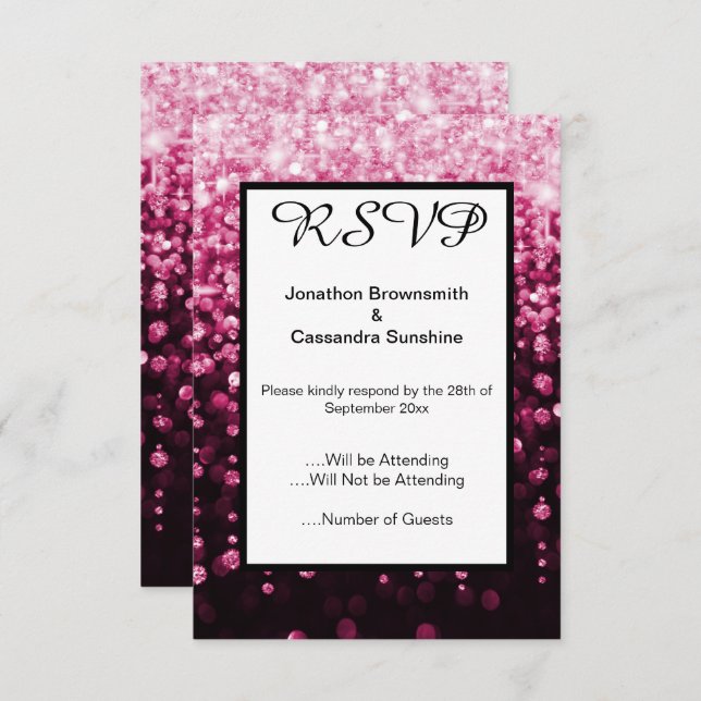 INVITATION ÉLÉGANT NOIR DIAMANT ROSE CASCADE RSVP (Devant / Derrière)