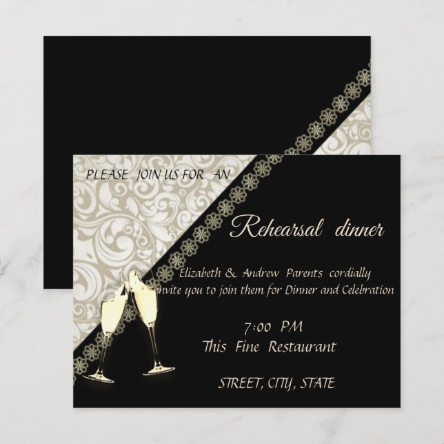 Invitation Élégant noir, dîner de répétition de mariage damas (Devant / Derrière)