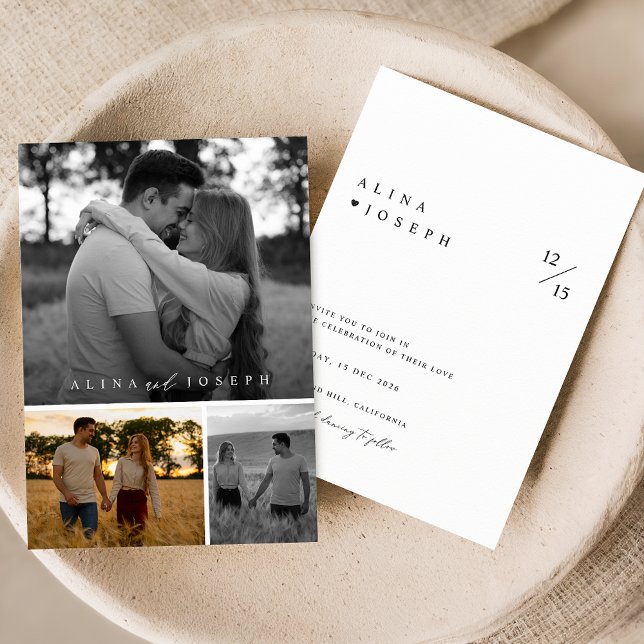 Invitation Elégant noir et blanc 3 photo Collage Mariage (Créateur téléchargé)