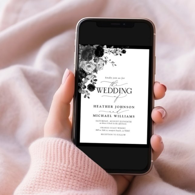 Invitation Elégant noir et blanc Aquarelle florale Script (Créateur téléchargé)