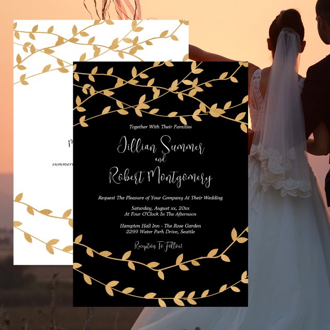 Invitation Elégant noir et blanc avec Feuille or Mariage (Elegant Black and White with Gold Leaves Wedding Invitation)