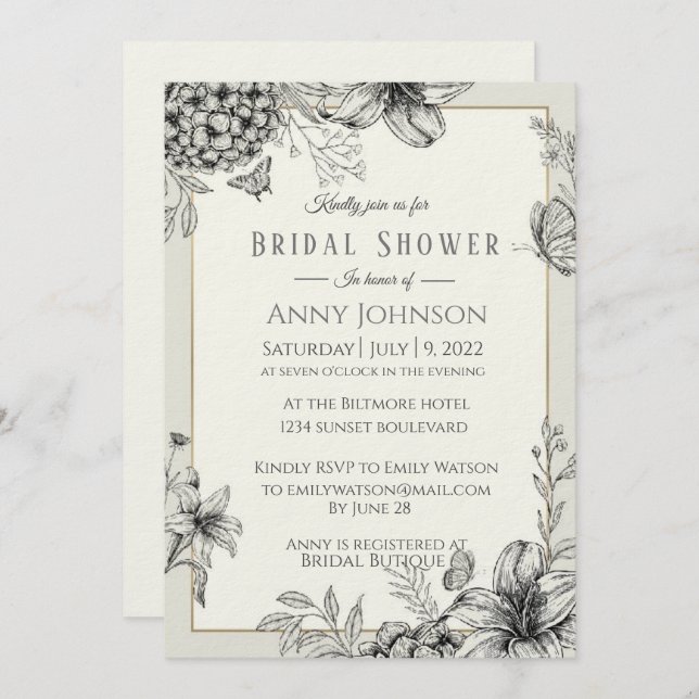 Invitation Elegant noir et blanc Douche nuptiale (Devant / Derrière)