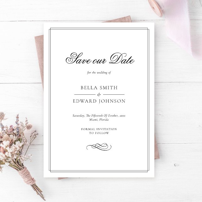 Invitation Élégant noir et blanc Enregistrer la date (Créateur téléchargé)