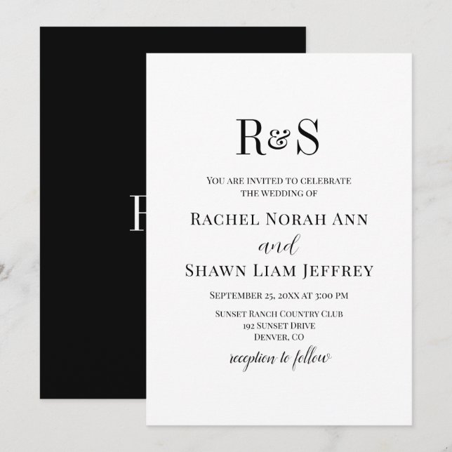 Invitation Élégant noir et blanc Mariage moderne Monogramme (Devant / Derrière)