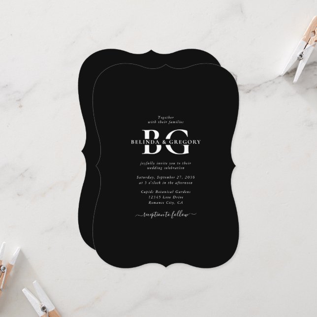 Invitation Élégant Noir et Blanc Monogramme Initiales Mariage (Devant/Arrière en situation)