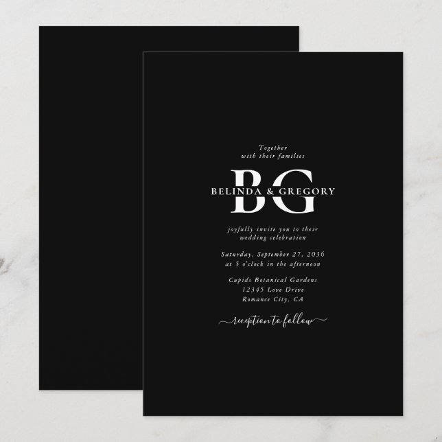 Invitation Élégant Noir et Blanc Monogramme Initiales Mariage (Devant / Derrière)