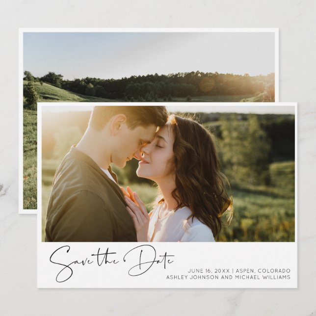 Invitation Élégant noir et blanc Script 2 Photo Enregistrer l (Devant / Derrière)