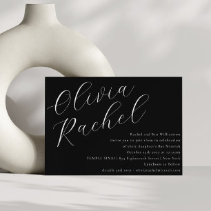 Invitation Élégant noir et blanc Script Bat mitzvah minimal