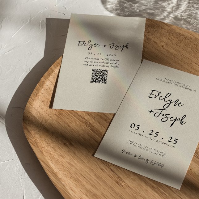 Invitation Elégant noir et crème minimal Boho QR Code Mariage (Créateur téléchargé)