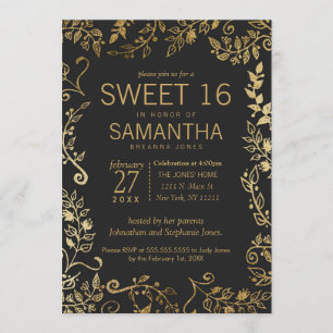 Invitation Élégant noir et jaune or Floral Sweet 16
