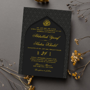 Invitation Elégant noir et jaune Walima Mariage islamique