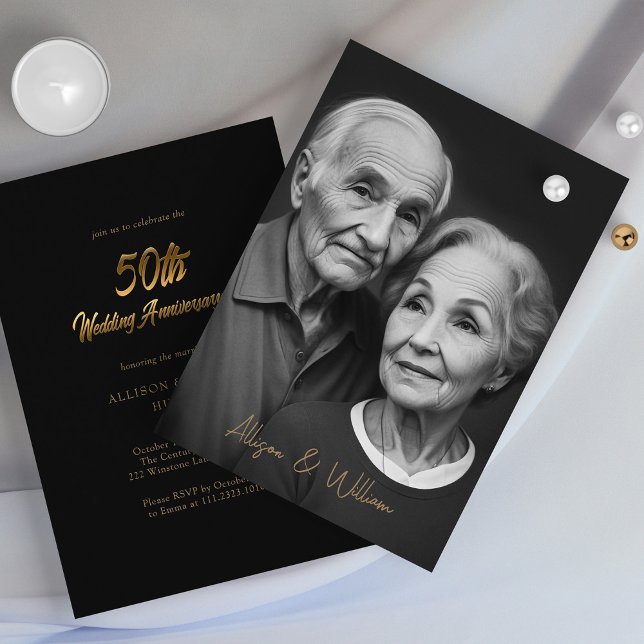 Invitation Elégant noir et or : 50e anniversaire de Mariage (Elegant Black and Gold 50th Wedding Anniversary Invitation)