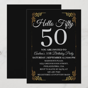 Invitation Elégant Noir et Or Bonjour 50 ans pour Femmes