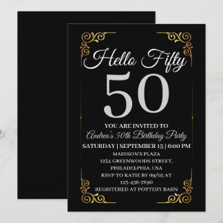 Invitation Elégant Noir et Or Bonjour 50 ans pour Femmes