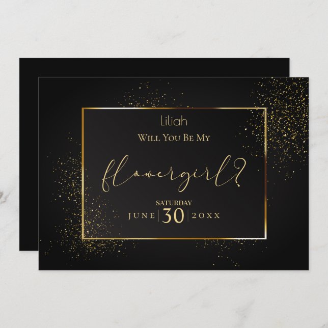Invitation Élégant Noir et Or  Seras-Tu Ma Demoiselle d'Honne (Devant / Derrière)