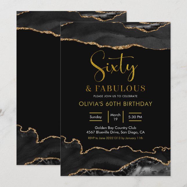 Invitation Elégant noir et or soixante et fabuleux (Devant / Derrière)