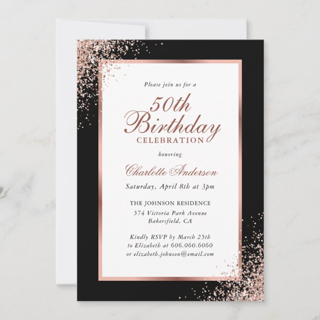 Invitation Elégant Noir et Rose Gold Confetti 50e anniversair (Devant)